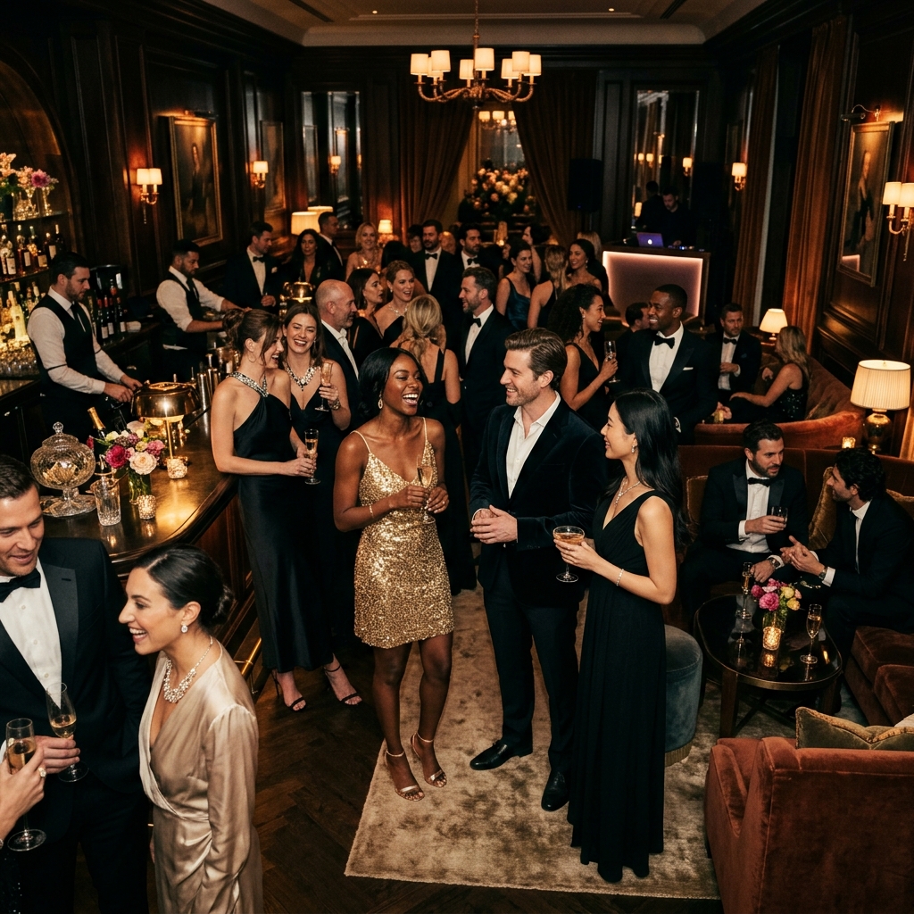 High-end luxury party with elegant people socializing